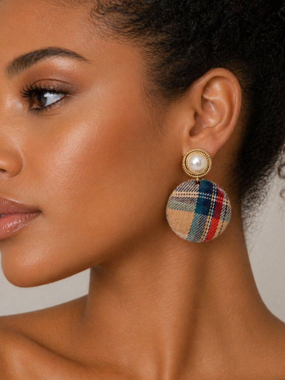 Plaid and Faux Pearl Button Earrings